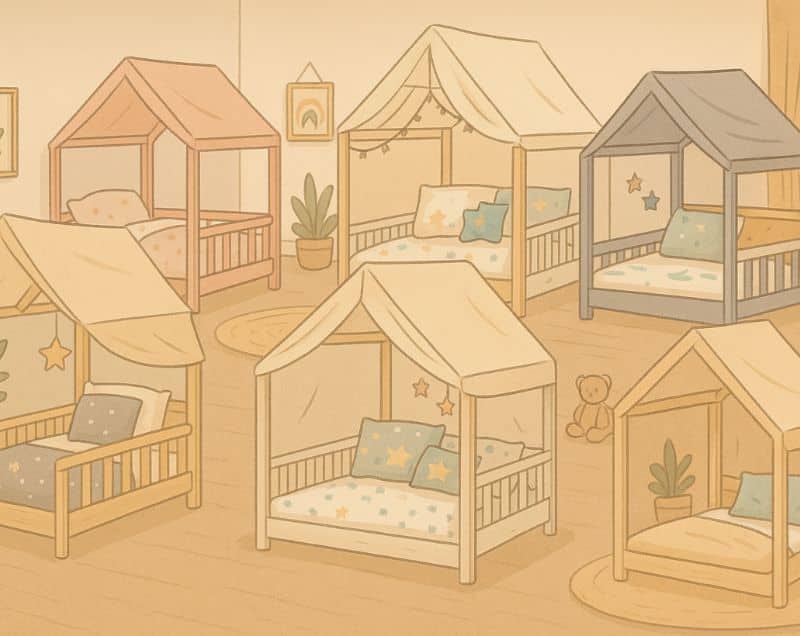 Comparatif de 8 lits cabanes bébé Montessori en bois naturel et blanc dans une chambre d’enfant