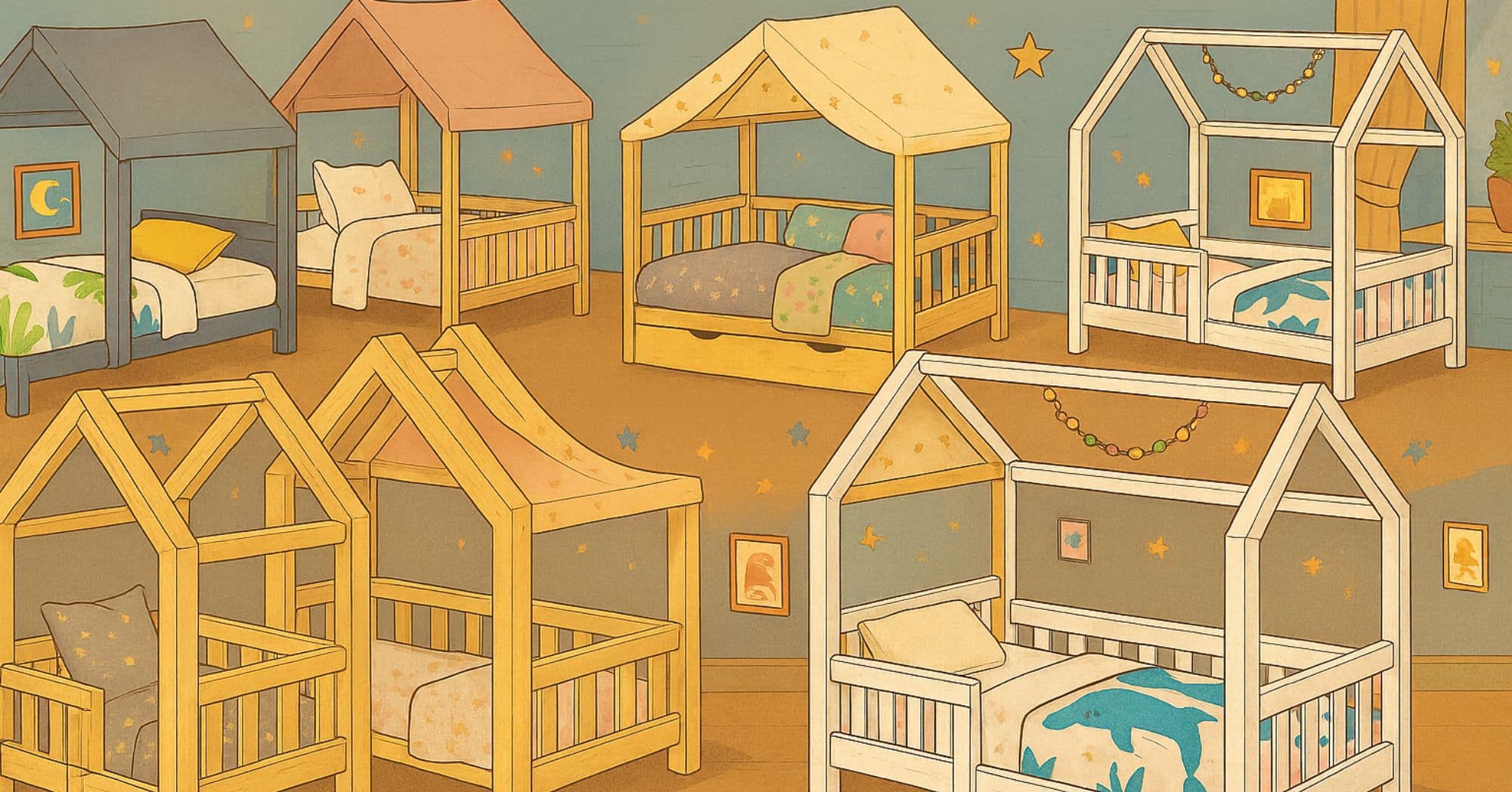 Comparatif de 8 lits cabanes bébé Montessori en bois naturel et blanc dans une chambre d’enfant